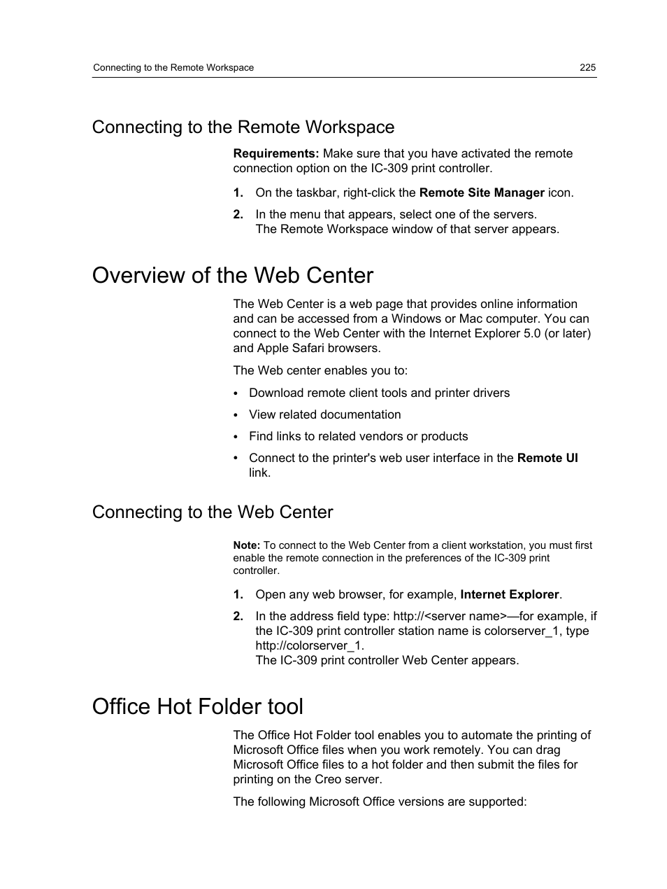 Connecting to the remote workspace, Overview of the web center, Connecting to the web center | Office hot folder tool | Konica Minolta bizhub PRESS C1060 User Manual | Page 235 / 270