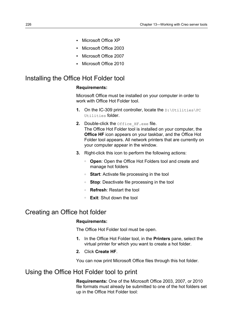 Installing the office hot folder tool, Creating an office hot folder, Using the office hot folder tool to print | Konica Minolta bizhub PRESS C1060 User Manual | Page 236 / 270