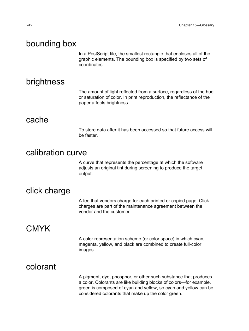 Bounding box, Brightness, Cache | Calibration curve, Click charge, Cmyk, Colorant | Konica Minolta bizhub PRESS C1060 User Manual | Page 252 / 270