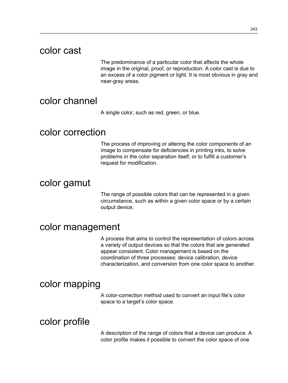 Color cast, Color channel, Color correction | Color gamut, Color management, Color mapping, Color profile | Konica Minolta bizhub PRESS C1060 User Manual | Page 253 / 270