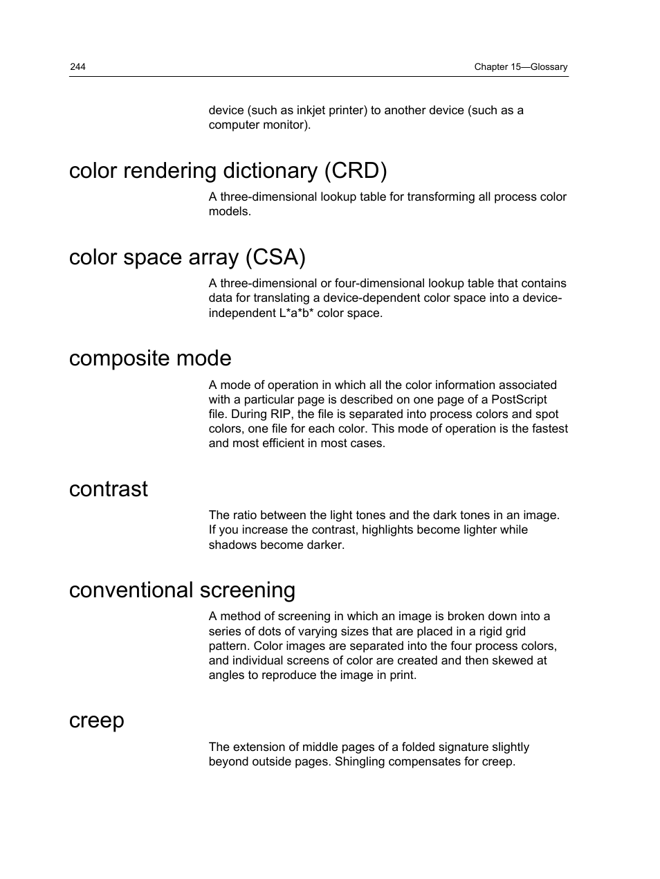 Color rendering dictionary (crd), Color space array (csa), Composite mode | Contrast, Conventional screening, Creep | Konica Minolta bizhub PRESS C1060 User Manual | Page 254 / 270