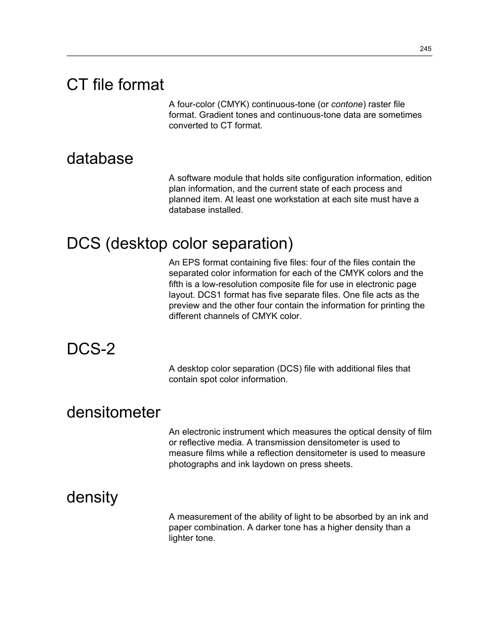 Ct file format, Database, Dcs (desktop color separation) | Dcs-2, Densitometer, Density | Konica Minolta bizhub PRESS C1060 User Manual | Page 255 / 270