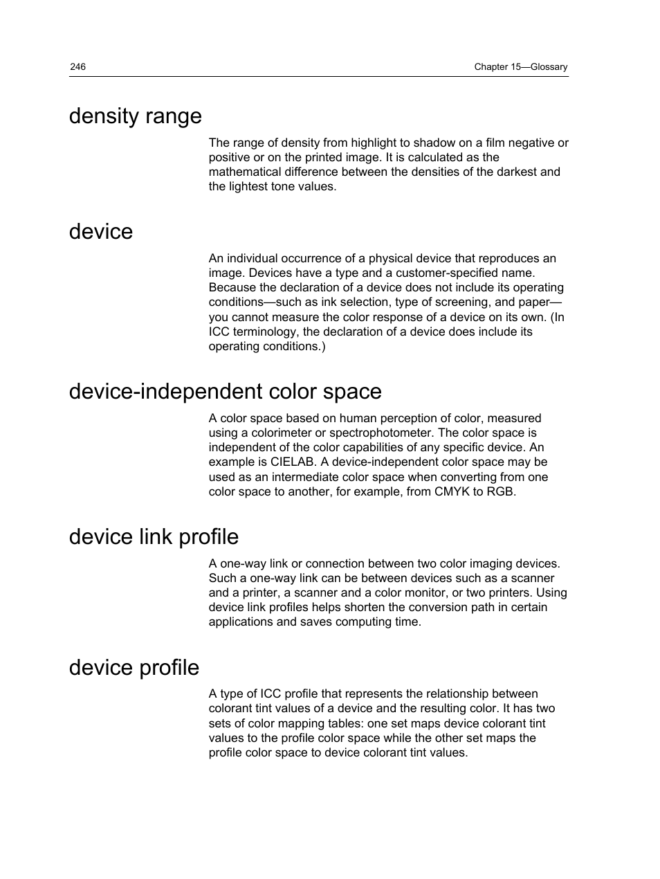 Density range, Device, Device-independent color space | Device link profile, Device profile | Konica Minolta bizhub PRESS C1060 User Manual | Page 256 / 270