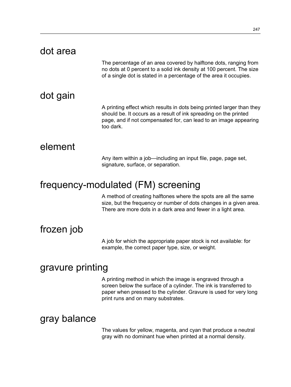 Dot area, Dot gain, Element | Frequency-modulated (fm) screening, Frozen job, Gravure printing, Gray balance | Konica Minolta bizhub PRESS C1060 User Manual | Page 257 / 270