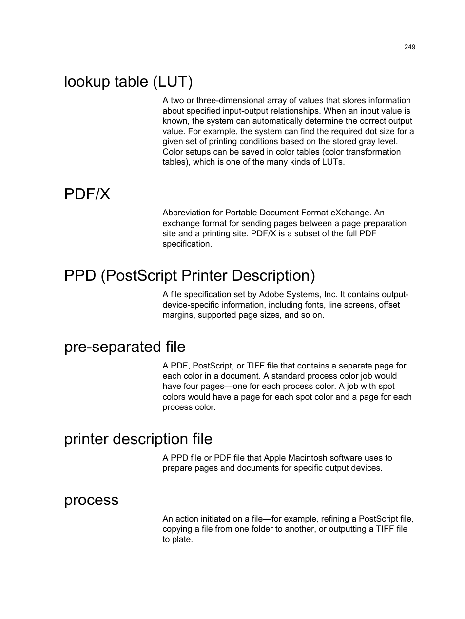 Lookup table (lut), Pdf/x, Ppd (postscript printer description) | Pre-separated file, Printer description file, Process | Konica Minolta bizhub PRESS C1060 User Manual | Page 259 / 270