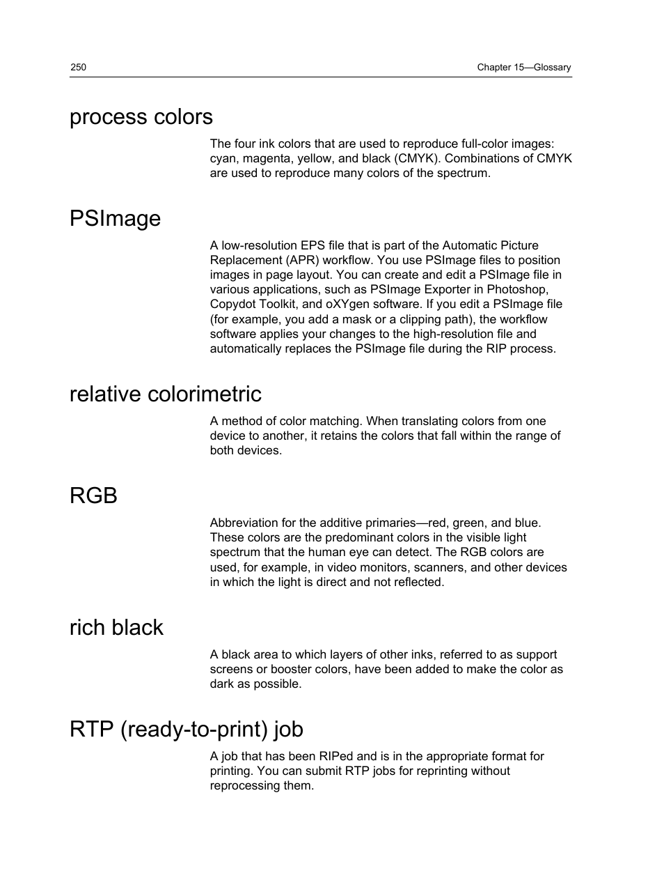 Process colors, Psimage, Relative colorimetric | Rich black, Rtp (ready-to-print) job | Konica Minolta bizhub PRESS C1060 User Manual | Page 260 / 270