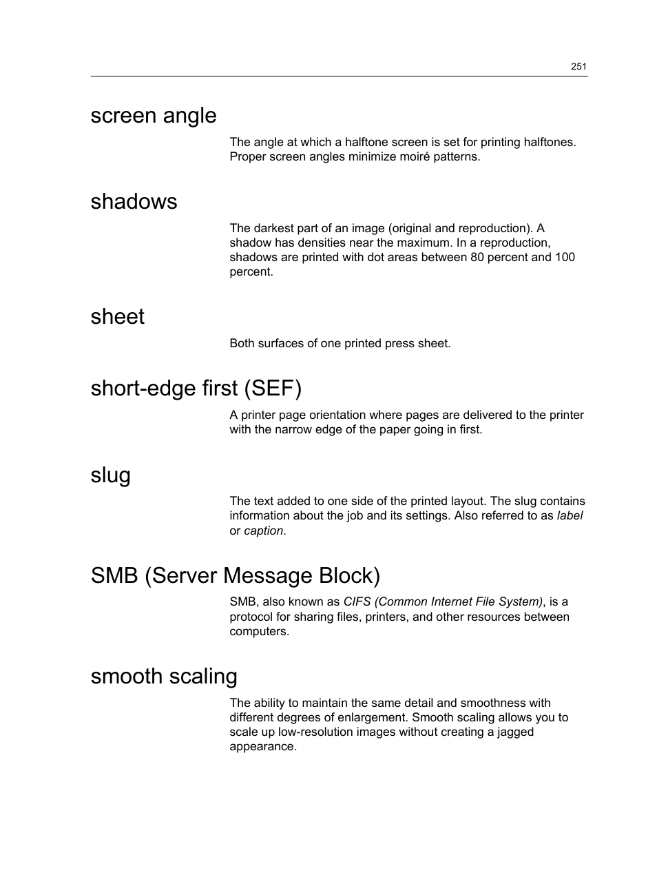 Screen angle, Shadows, Sheet | Short-edge first (sef), Slug, Smb (server message block), Smooth scaling | Konica Minolta bizhub PRESS C1060 User Manual | Page 261 / 270