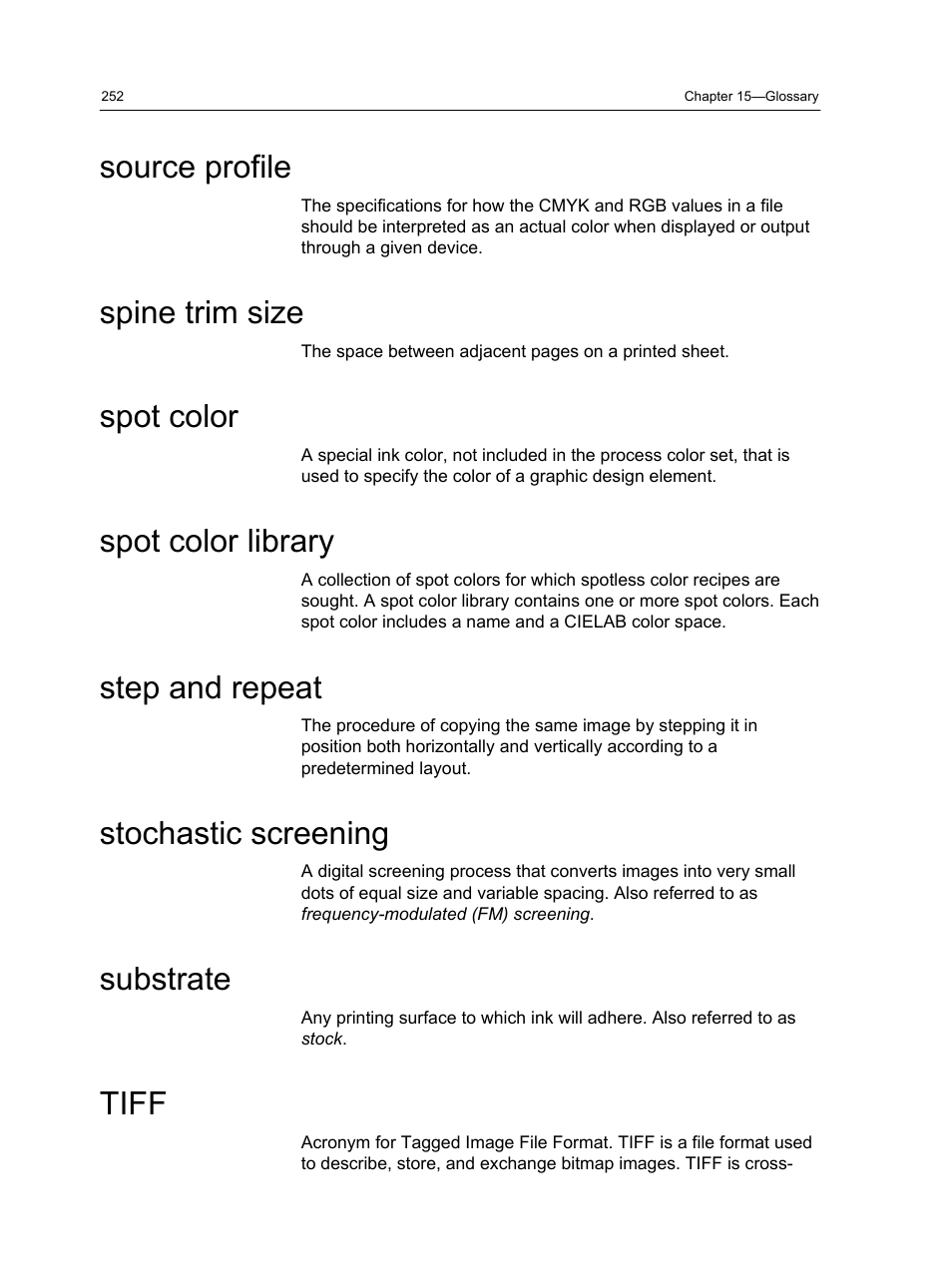 Source profile, Spine trim size, Spot color | Spot color library, Step and repeat, Stochastic screening, Substrate, Tiff | Konica Minolta bizhub PRESS C1060 User Manual | Page 262 / 270