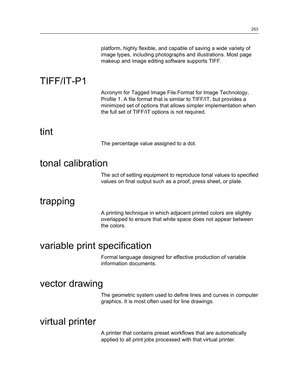 Tiff/it-p1, Tint, Tonal calibration | Trapping, Variable print specification, Vector drawing, Virtual printer | Konica Minolta bizhub PRESS C1060 User Manual | Page 263 / 270