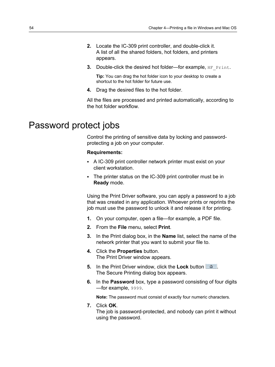 Password protect jobs | Konica Minolta bizhub PRESS C1060 User Manual | Page 64 / 270