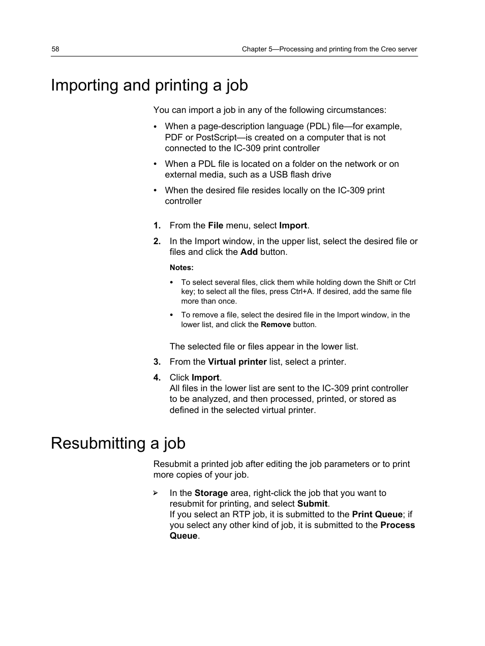 Importing and printing a job, Resubmitting a job, Importing and printing a job resubmitting a job | Konica Minolta bizhub PRESS C1060 User Manual | Page 68 / 270