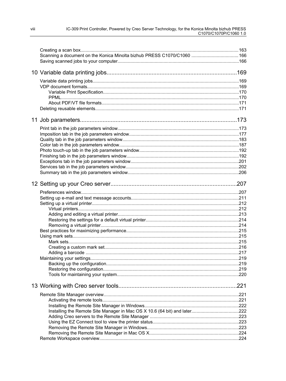 10 variable data printing jobs, 11 job parameters, 12 setting up your creo server | 13 working with creo server tools | Konica Minolta bizhub PRESS C1060 User Manual | Page 8 / 270