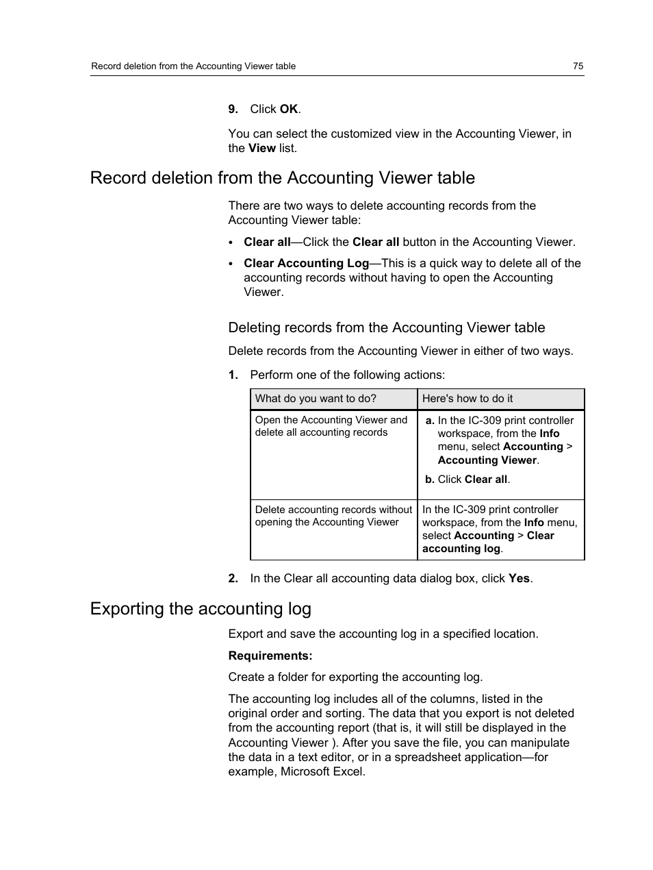 Record deletion from the accounting viewer table, Deleting records from the accounting viewer table, Exporting the accounting log | Konica Minolta bizhub PRESS C1060 User Manual | Page 85 / 270