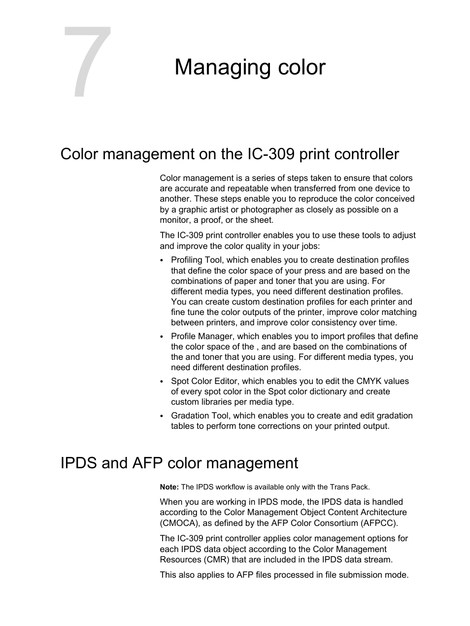 Managing color, Color management on the ic-309 print controller, Ipds and afp color management | Konica Minolta bizhub PRESS C1060 User Manual | Page 87 / 270