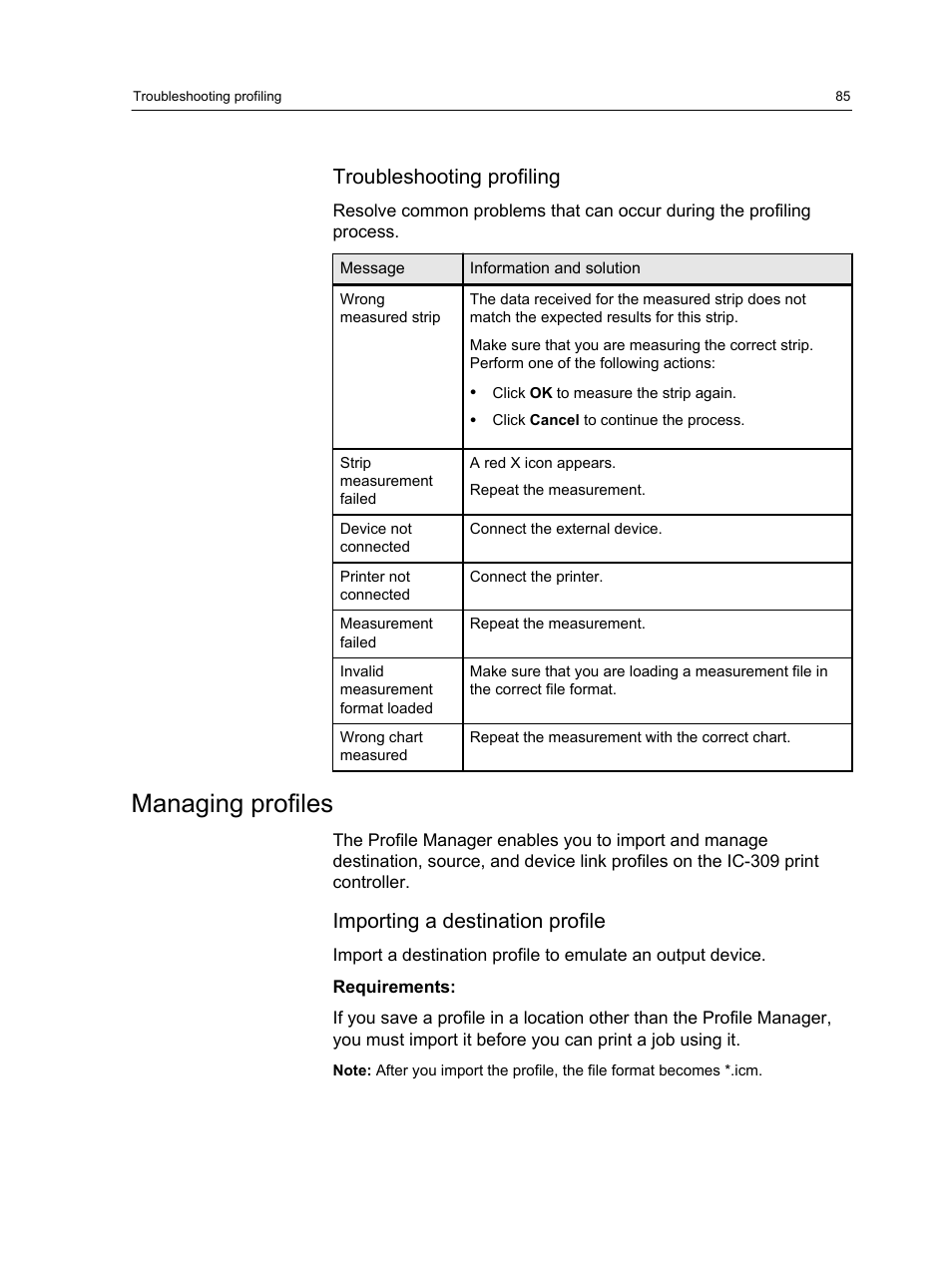 Troubleshooting profiling, Managing profiles, Importing a destination profile | Konica Minolta bizhub PRESS C1060 User Manual | Page 95 / 270