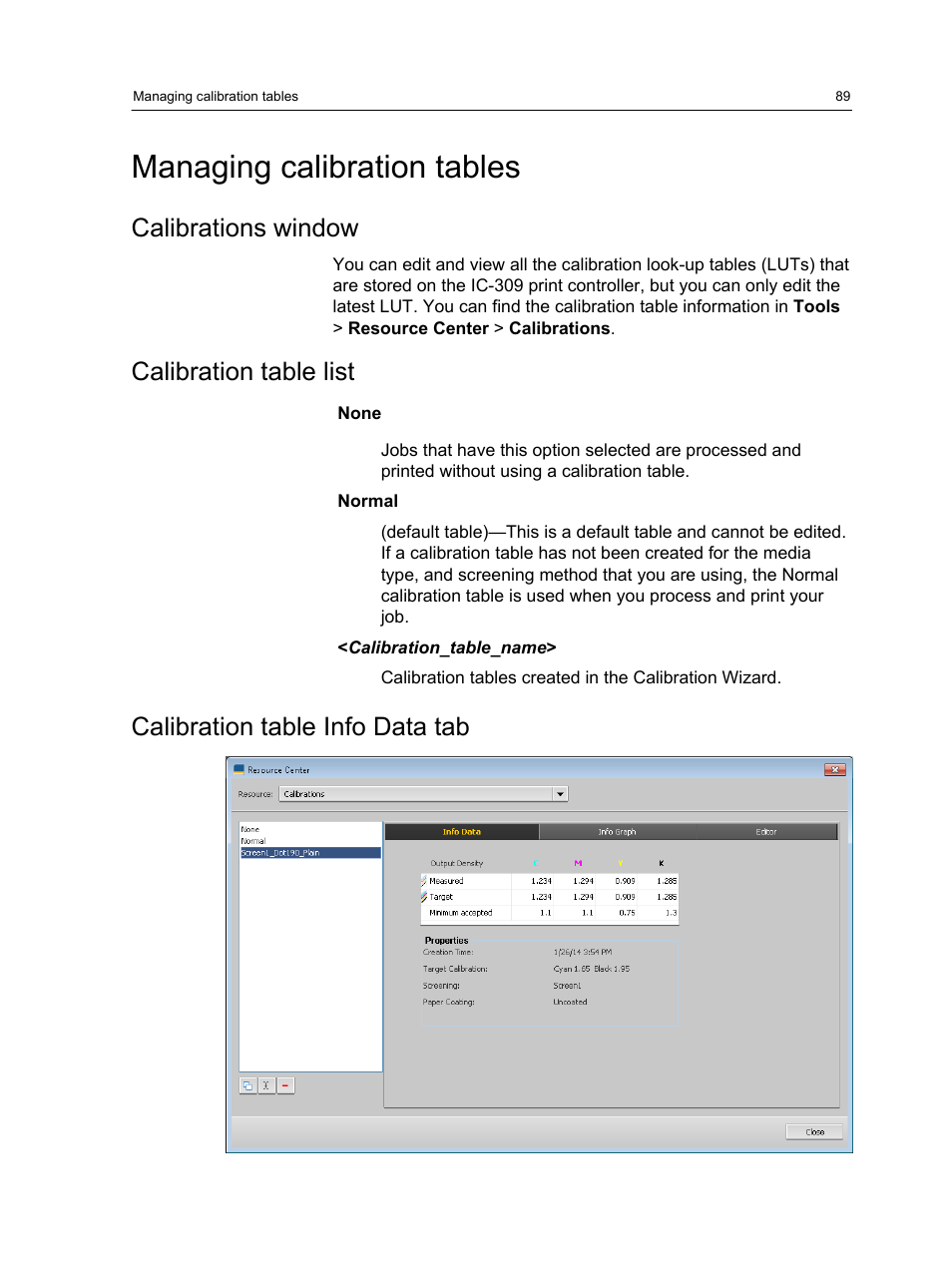 Managing calibration tables, Calibrations window, Calibration table list | Calibration table info data tab | Konica Minolta bizhub PRESS C1060 User Manual | Page 99 / 270