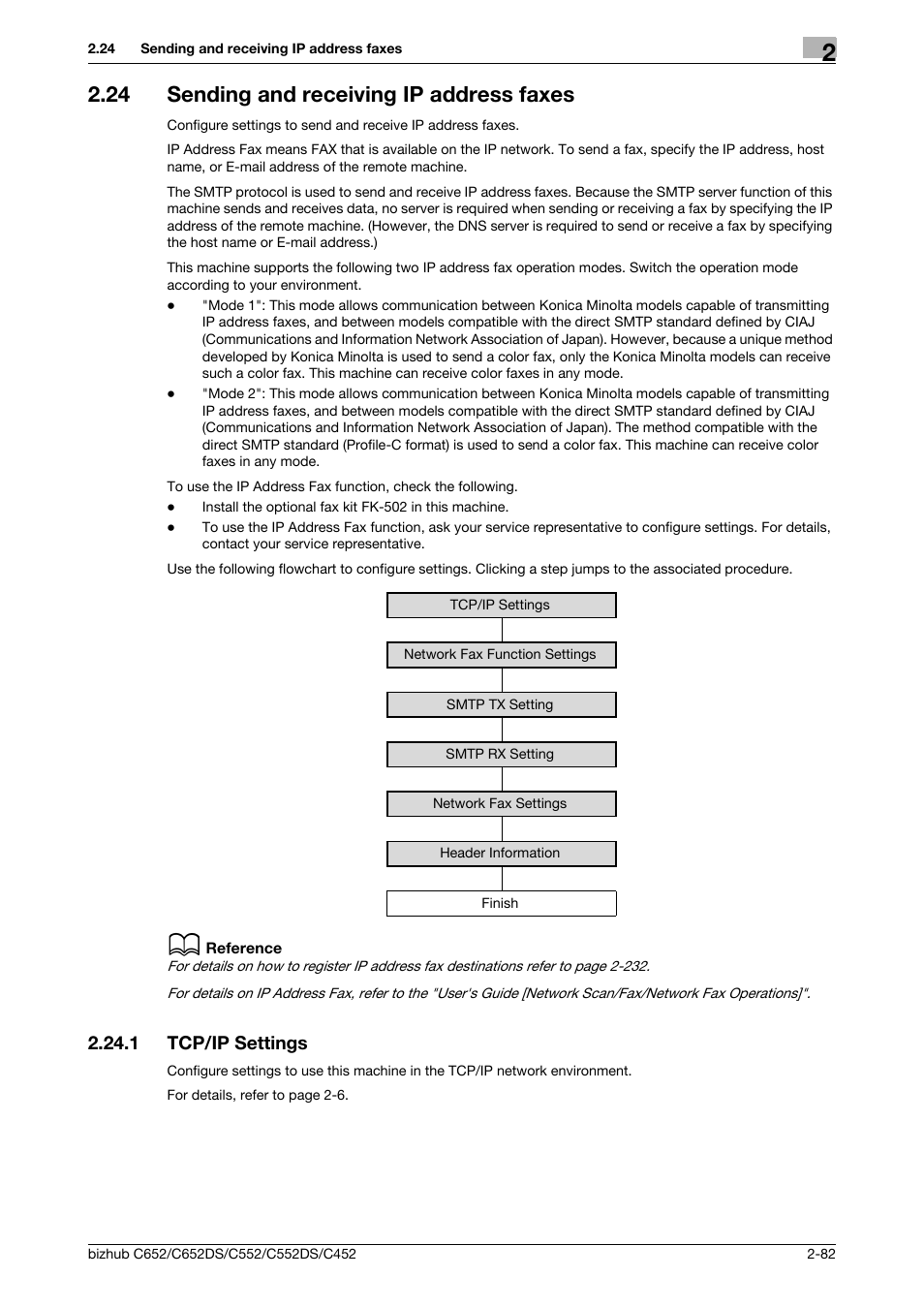 24 sending and receiving ip address faxes, 1 tcp/ip settings, Sending and receiving ip address faxes -82 | Tcp/ip settings -82, Sending and receiving ip address faxes, P. 2-82 | Konica Minolta BIZHUB C652DS User Manual | Page 100 / 343