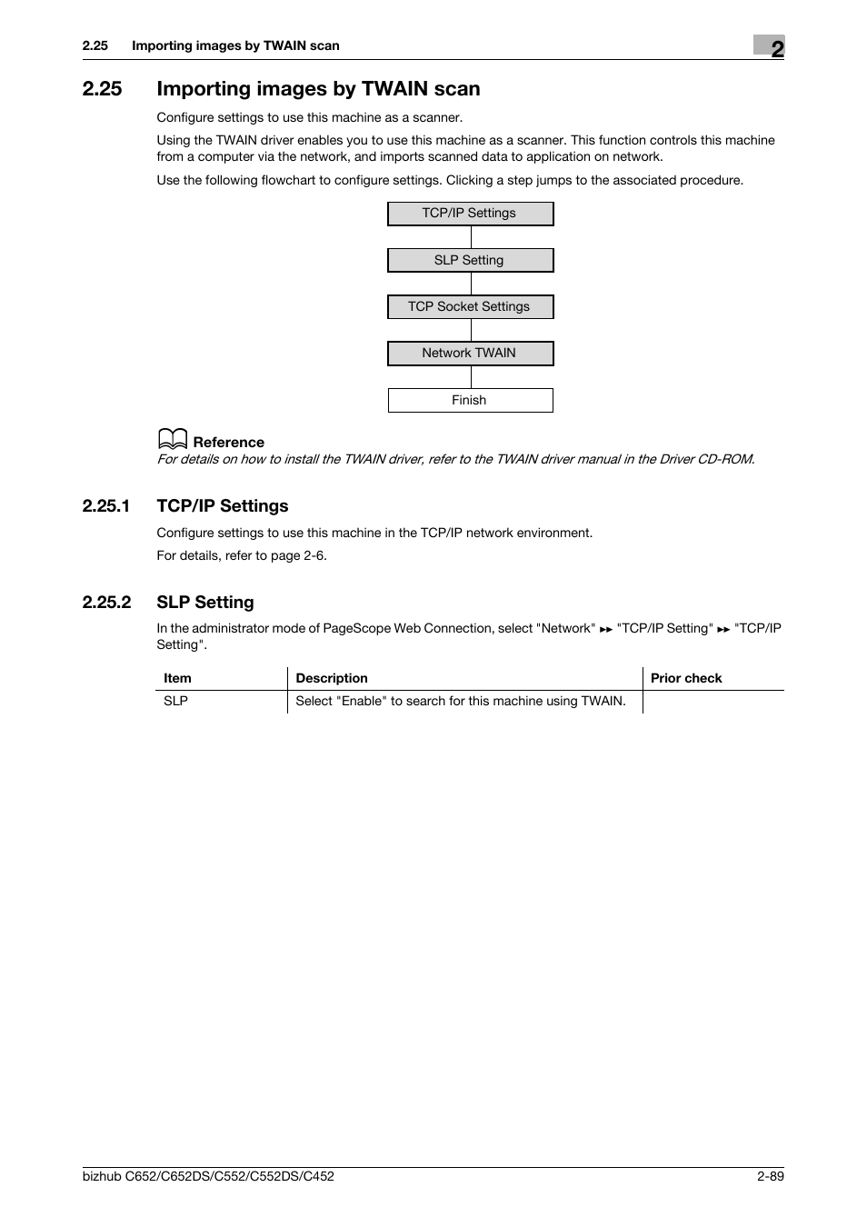 25 importing images by twain scan, 1 tcp/ip settings, 2 slp setting | Importing images by twain scan -89, Tcp/ip settings -89, Slp setting -89 | Konica Minolta BIZHUB C652DS User Manual | Page 107 / 343