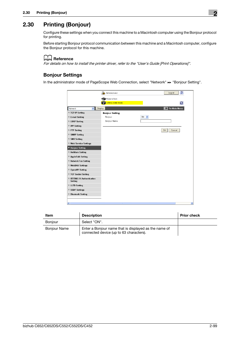 30 printing (bonjour), Bonjour settings, Printing (bonjour) -99 bonjour settings -99 | Konica Minolta BIZHUB C652DS User Manual | Page 117 / 343