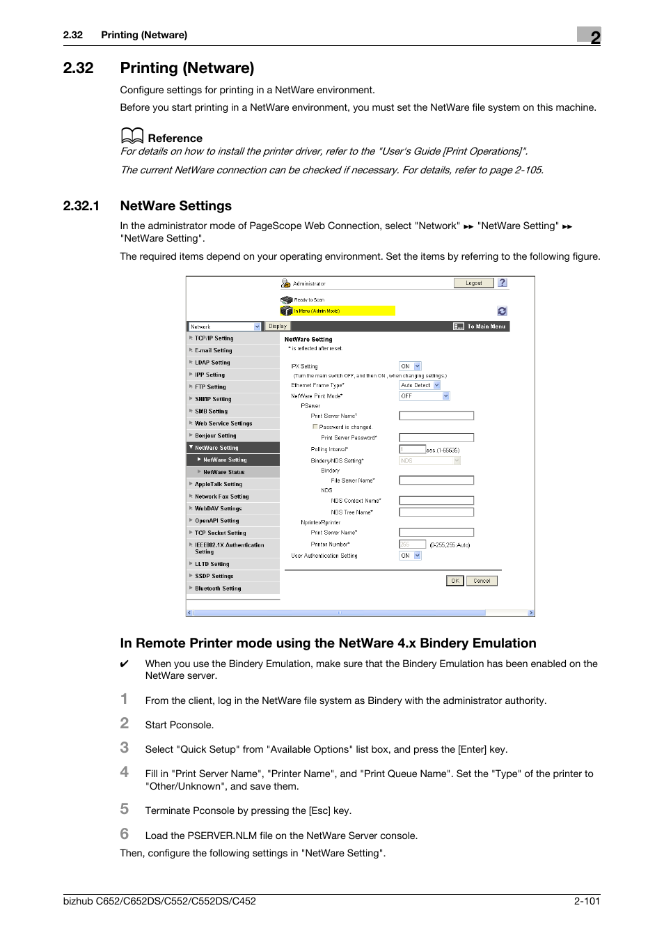 32 printing (netware), 1 netware settings, Printing (netware) -101 | Printing (netware), P. 2-101 | Konica Minolta BIZHUB C652DS User Manual | Page 119 / 343