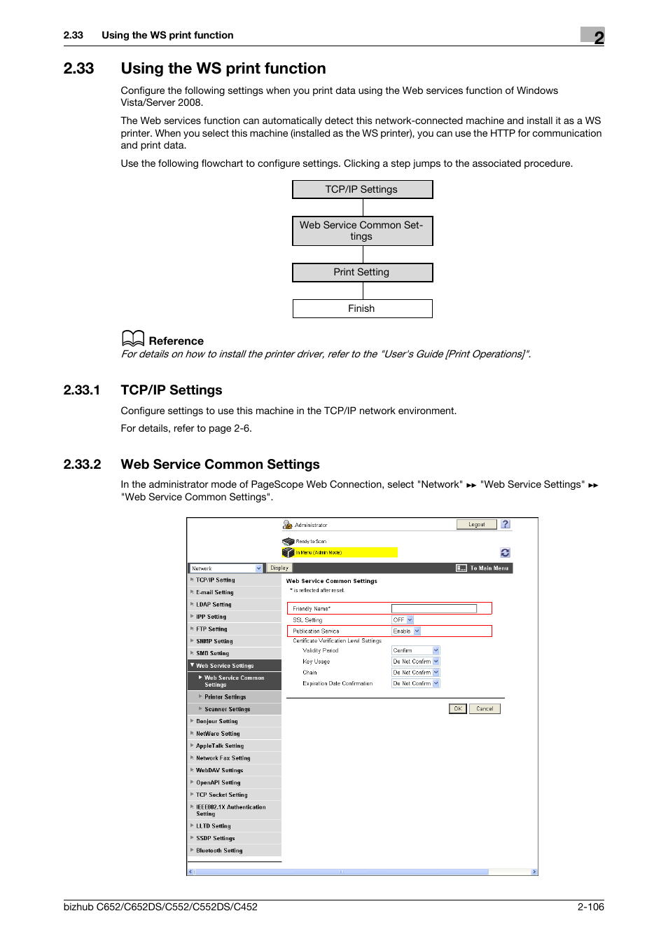 33 using the ws print function, 1 tcp/ip settings, 2 web service common settings | Using the ws print function -106, Tcp/ip settings -106, Web service common settings -106, Using the ws print function, P. 2-106 | Konica Minolta BIZHUB C652DS User Manual | Page 124 / 343