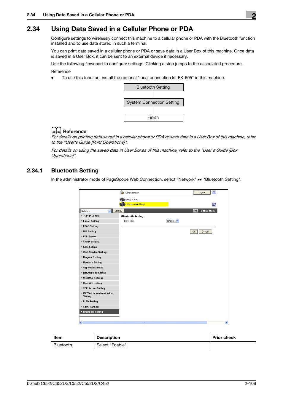 34 using data saved in a cellular phone or pda, 1 bluetooth setting, Using data saved in a cellular phone or pda -108 | Bluetooth setting -108, Using data saved in a cellular phone or pda, P. 2-108 | Konica Minolta BIZHUB C652DS User Manual | Page 126 / 343