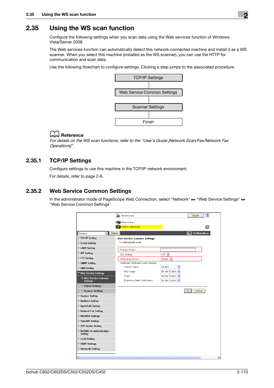35 using the ws scan function, 1 tcp/ip settings, 2 web service common settings | Using the ws scan function -110, Tcp/ip settings -110, Web service common settings -110 | Konica Minolta BIZHUB C652DS User Manual | Page 128 / 343
