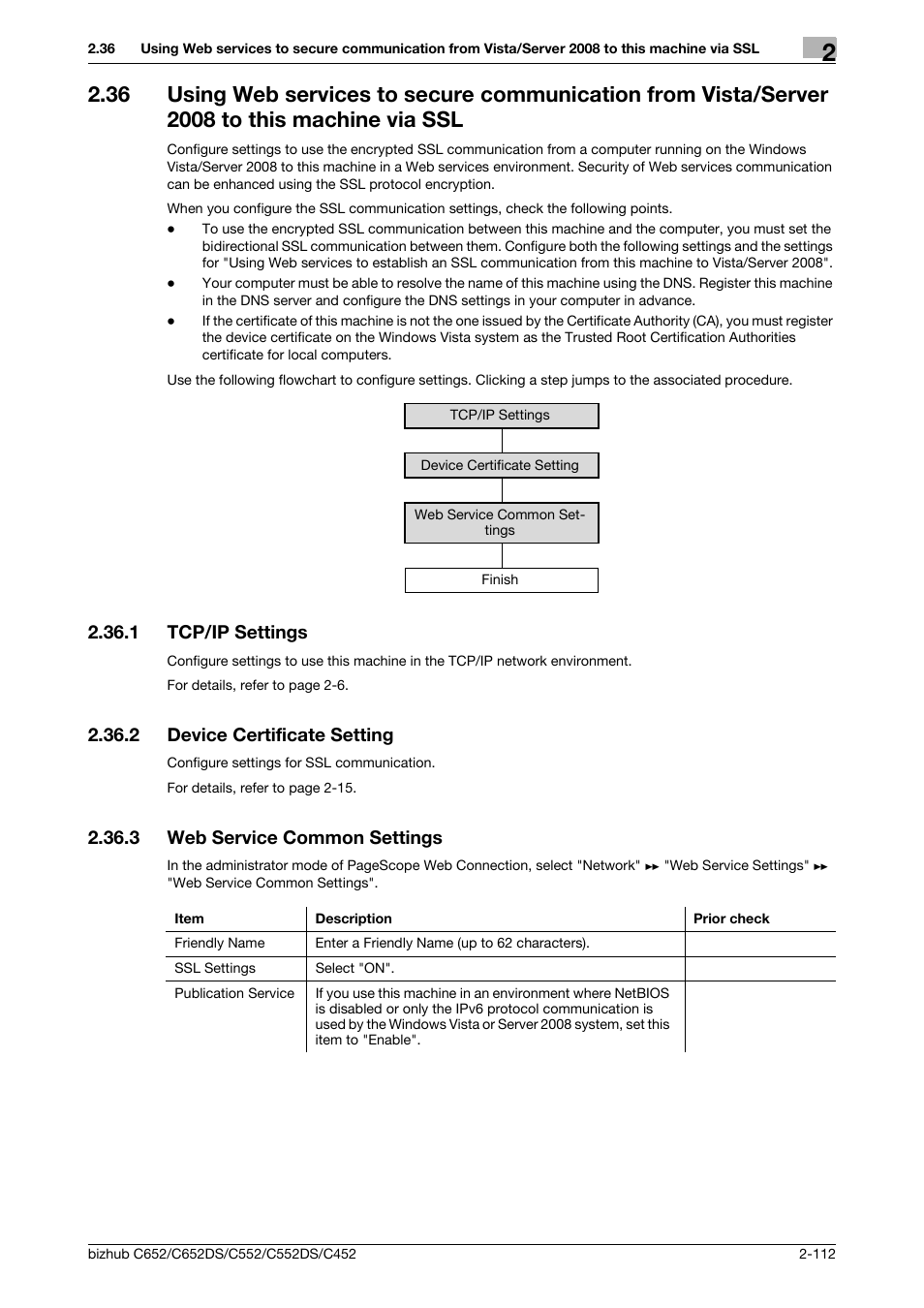 1 tcp/ip settings, 2 device certificate setting, 3 web service common settings | Tcp/ip settings -112, Device certificate setting -112, Web service common settings -112, P. 2-112 | Konica Minolta BIZHUB C652DS User Manual | Page 130 / 343