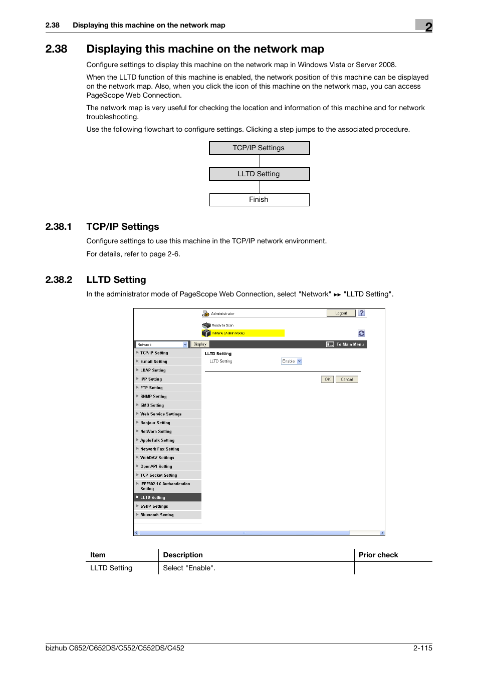 38 displaying this machine on the network map, 1 tcp/ip settings, 2 lltd setting | Displaying this machine on the network map -115, Tcp/ip settings -115, Lltd setting -115, Displaying this machine on the network map, P. 2-115 | Konica Minolta BIZHUB C652DS User Manual | Page 133 / 343