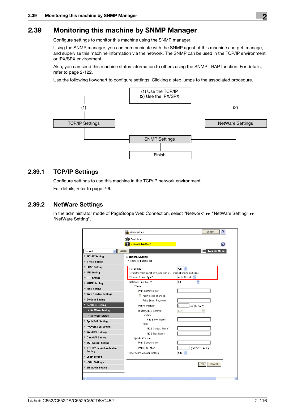 39 monitoring this machine by snmp manager, 1 tcp/ip settings, 2 netware settings | Monitoring this machine by snmp manager -116, Tcp/ip settings -116, Netware settings -116, Monitoring this machine by snmp manager, P. 2-116 | Konica Minolta BIZHUB C652DS User Manual | Page 134 / 343