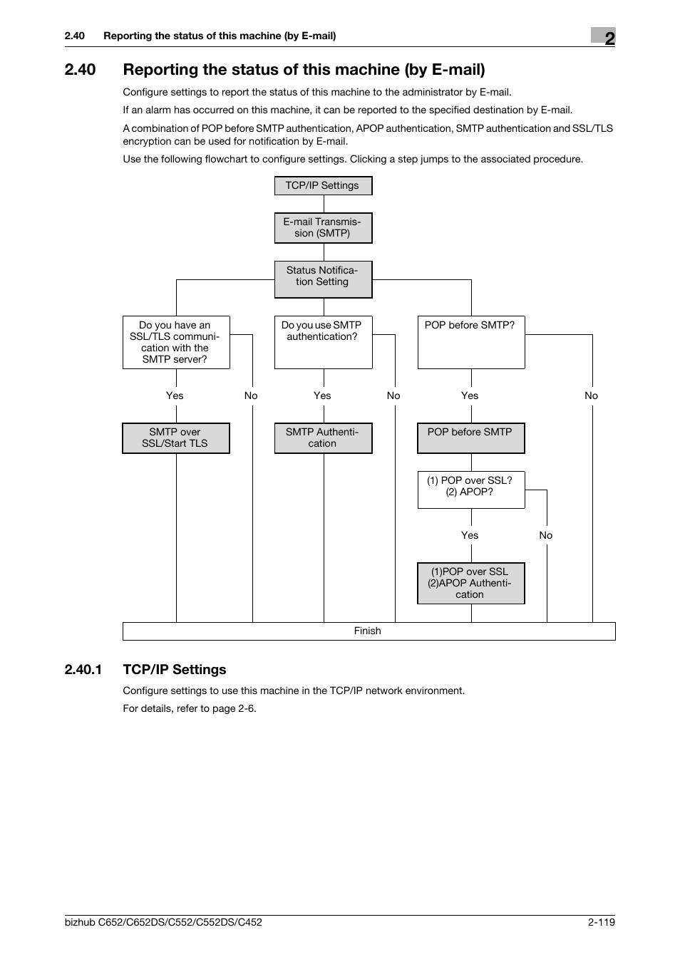 1 tcp/ip settings, Tcp/ip settings -119, Reporting the status of this machine (by e-mail) | P. 2-119 | Konica Minolta BIZHUB C652DS User Manual | Page 137 / 343