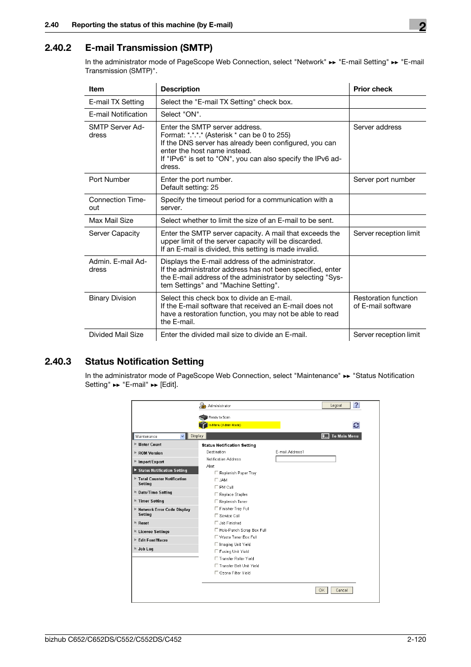 2 e-mail transmission (smtp), 3 status notification setting, E-mail transmission (smtp) -120 | Status notification setting -120, E-mail transmis, Sion (smtp), Status notifica, Tion setting | Konica Minolta BIZHUB C652DS User Manual | Page 138 / 343