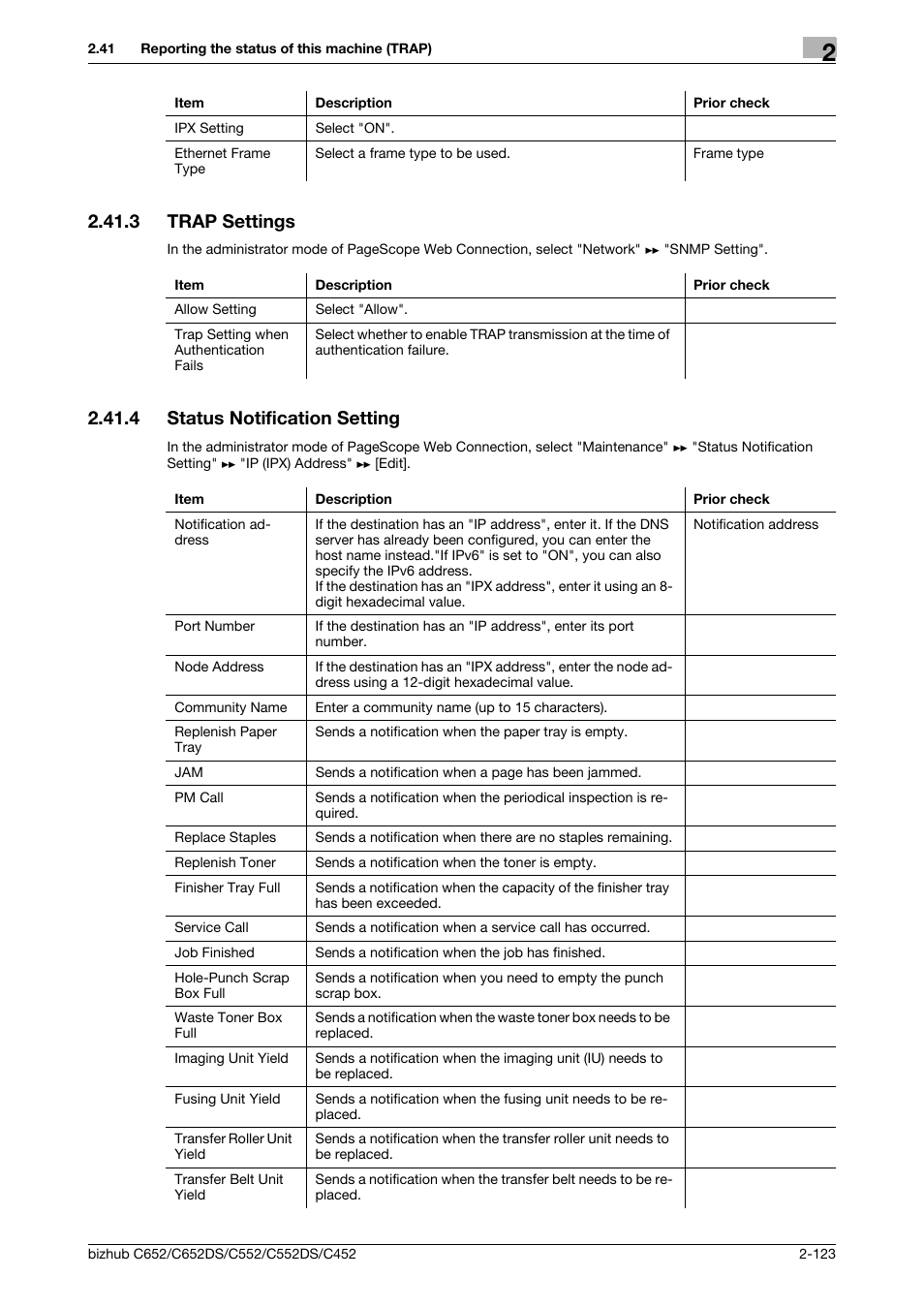 3 trap settings, 4 status notification setting, Trap settings -123 | Status notification setting -123, Trap settings, Status notification setting | Konica Minolta BIZHUB C652DS User Manual | Page 141 / 343