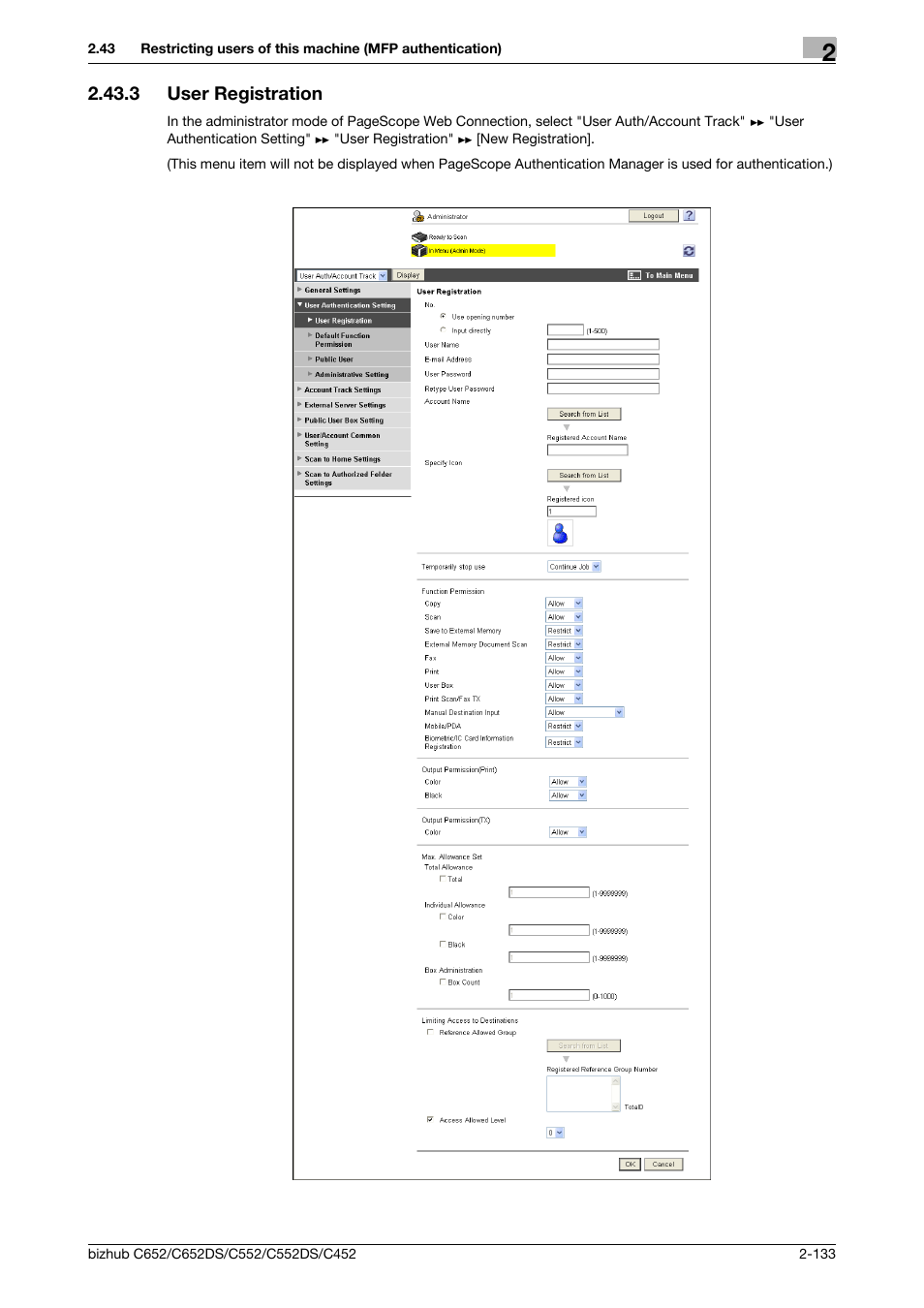 3 user registration, User registration -133, User registration | Konica Minolta BIZHUB C652DS User Manual | Page 151 / 343