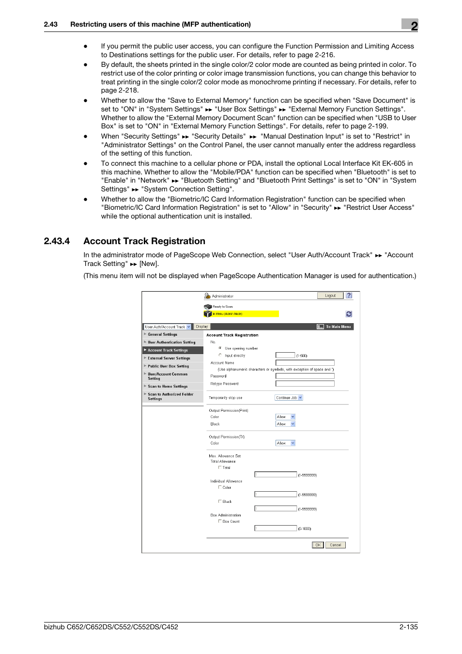 4 account track registration, Account track registration -135, Account track registration | Konica Minolta BIZHUB C652DS User Manual | Page 153 / 343