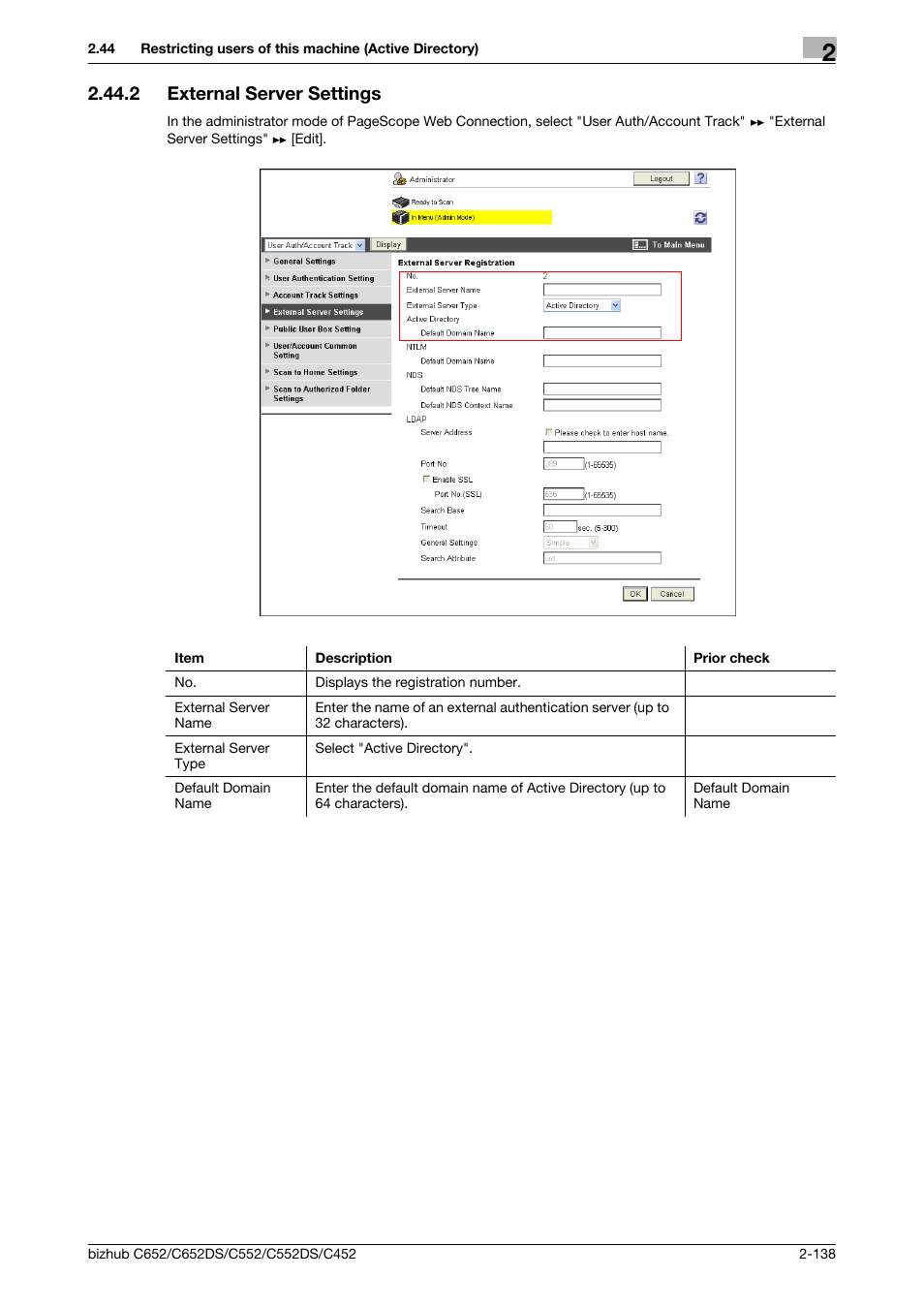 2 external server settings, External server settings -138, External server settings | Konica Minolta BIZHUB C652DS User Manual | Page 156 / 343