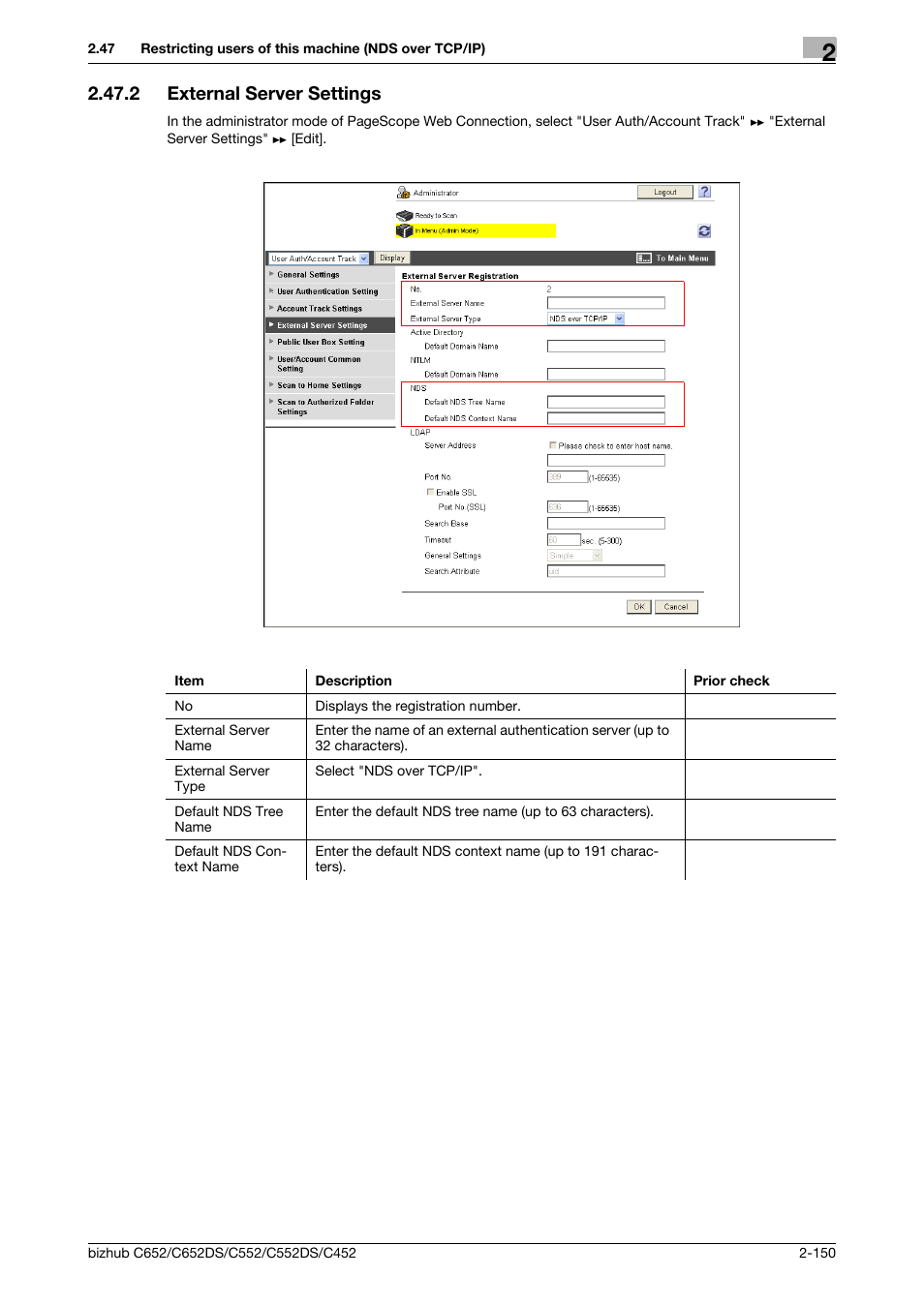 2 external server settings, External server settings -150, External server settings | Konica Minolta BIZHUB C652DS User Manual | Page 168 / 343