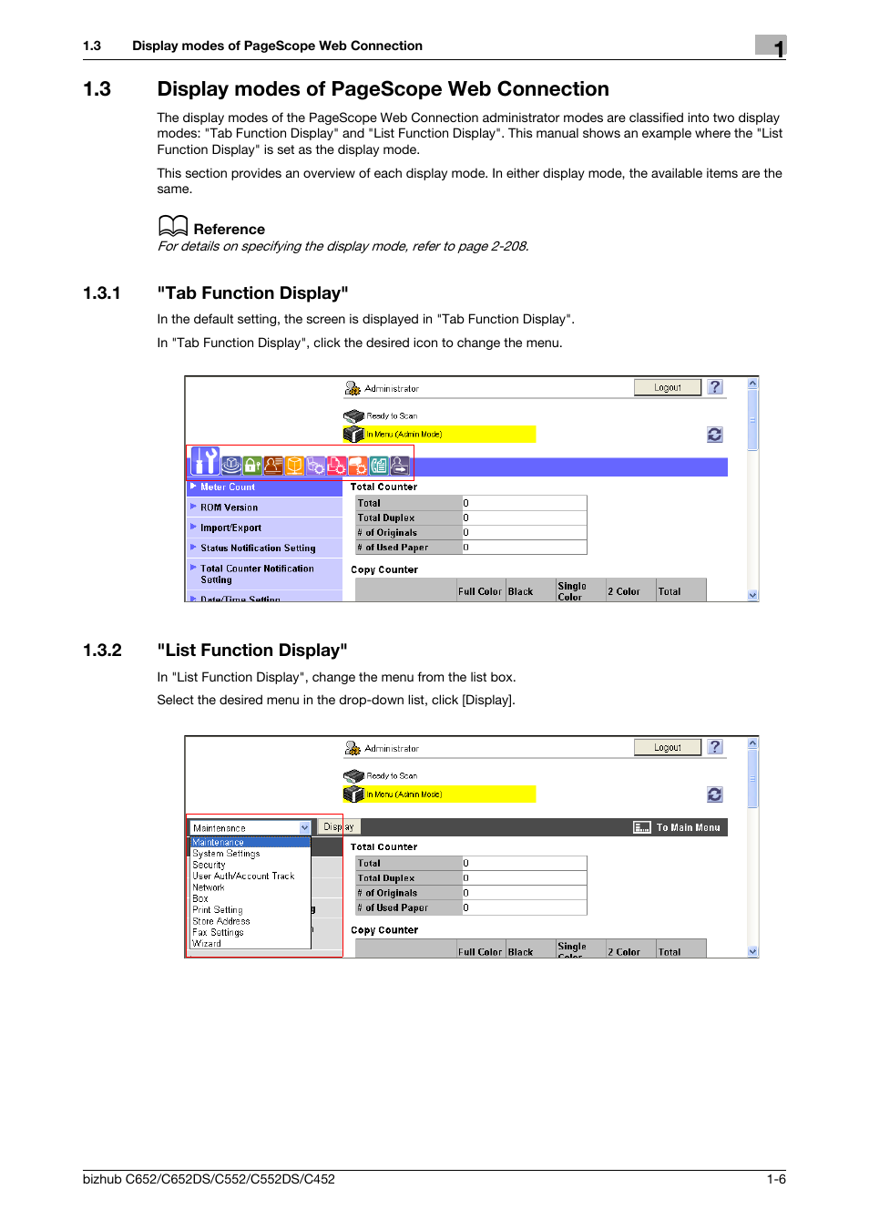 1 "tab function display, 2 "list function display, Tab function display" -6 | List function display" -6, 3 display modes of pagescope web connection | Konica Minolta BIZHUB C652DS User Manual | Page 17 / 343