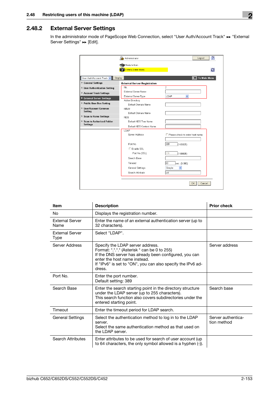 2 external server settings, External server settings -153, External server settings | Konica Minolta BIZHUB C652DS User Manual | Page 171 / 343