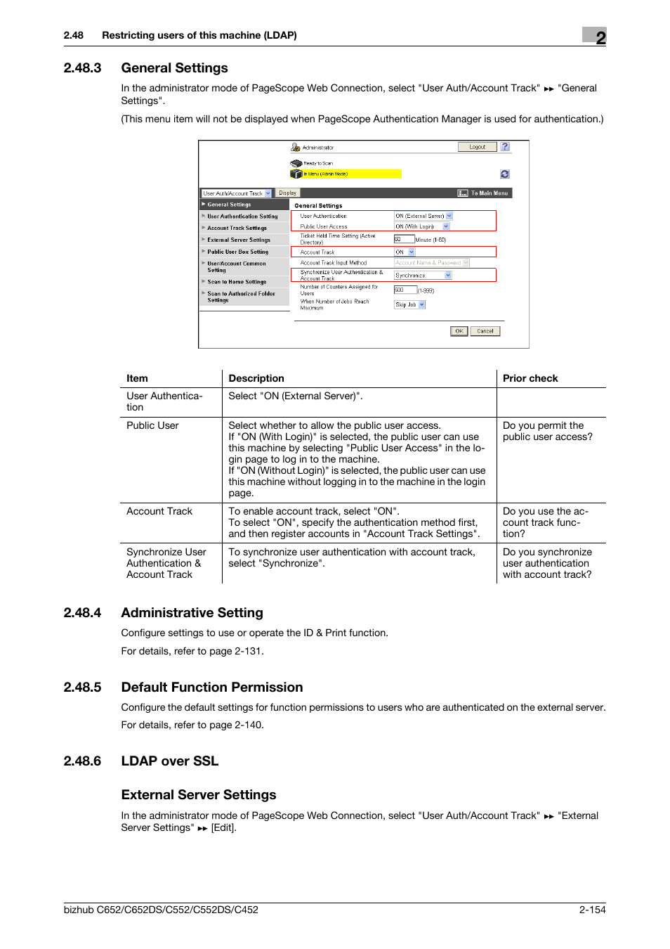 3 general settings, 4 administrative setting, 5 default function permission | 6 ldap over ssl, External server settings, General settings -154, Administrative setting -154, Default function permission -154, Ldap over ssl -154 external server settings -154, General settings | Konica Minolta BIZHUB C652DS User Manual | Page 172 / 343