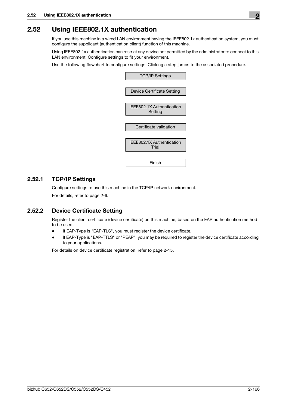 52 using ieee802.1x authentication, 1 tcp/ip settings, 2 device certificate setting | Using ieee802.1x authentication -166, Tcp/ip settings -166, Device certificate setting -166, Using ieee802.1x authentication, P. 2-166, Eap-tls or peap)" (p. 2-166 | Konica Minolta BIZHUB C652DS User Manual | Page 184 / 343