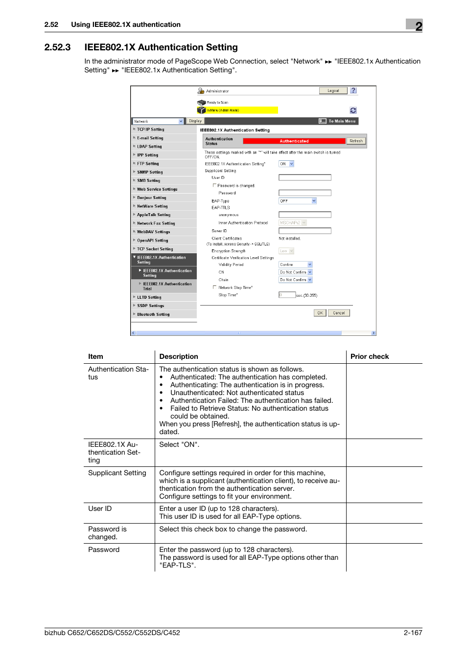 3 ieee802.1x authentication setting, Ieee802.1x authentication setting -167, Ieee802.1x authentication | Setting | Konica Minolta BIZHUB C652DS User Manual | Page 185 / 343