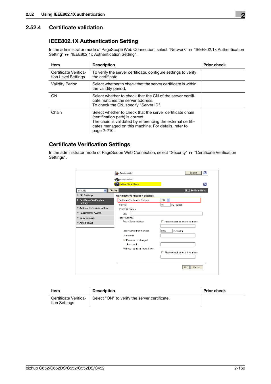 4 certificate validation, Ieee802.1x authentication setting, Certificate verification settings | Certificate validation | Konica Minolta BIZHUB C652DS User Manual | Page 187 / 343