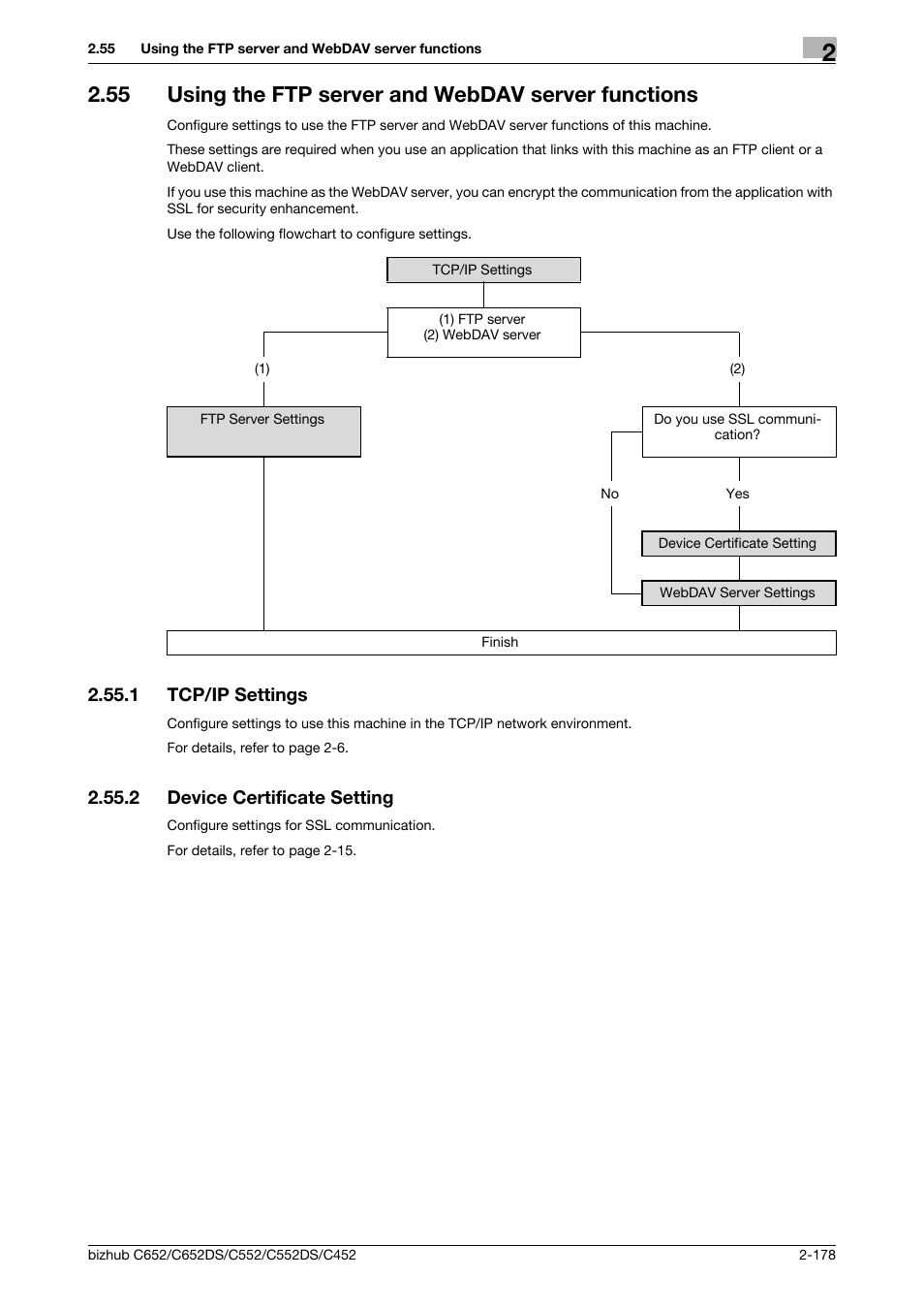 1 tcp/ip settings, 2 device certificate setting, Tcp/ip settings -178 | Device certificate setting -178, Using the ftp server and webdav server functions, P. 2-178, P. 2-178) | Konica Minolta BIZHUB C652DS User Manual | Page 196 / 343