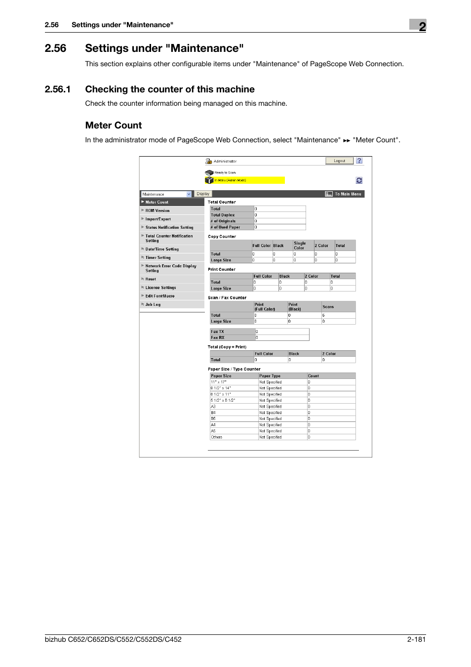 56 settings under "maintenance, 1 checking the counter of this machine, Meter count | Settings under "maintenance" -181, Checking the counter of this machine, P. 2-181 | Konica Minolta BIZHUB C652DS User Manual | Page 199 / 343