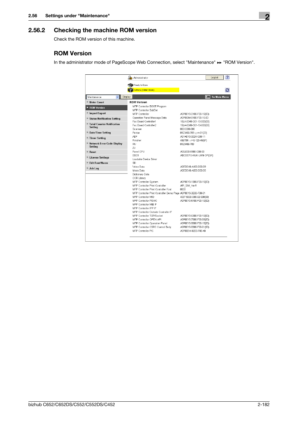 2 checking the machine rom version, Rom version, Checking the machine rom version | P. 2-182 | Konica Minolta BIZHUB C652DS User Manual | Page 200 / 343