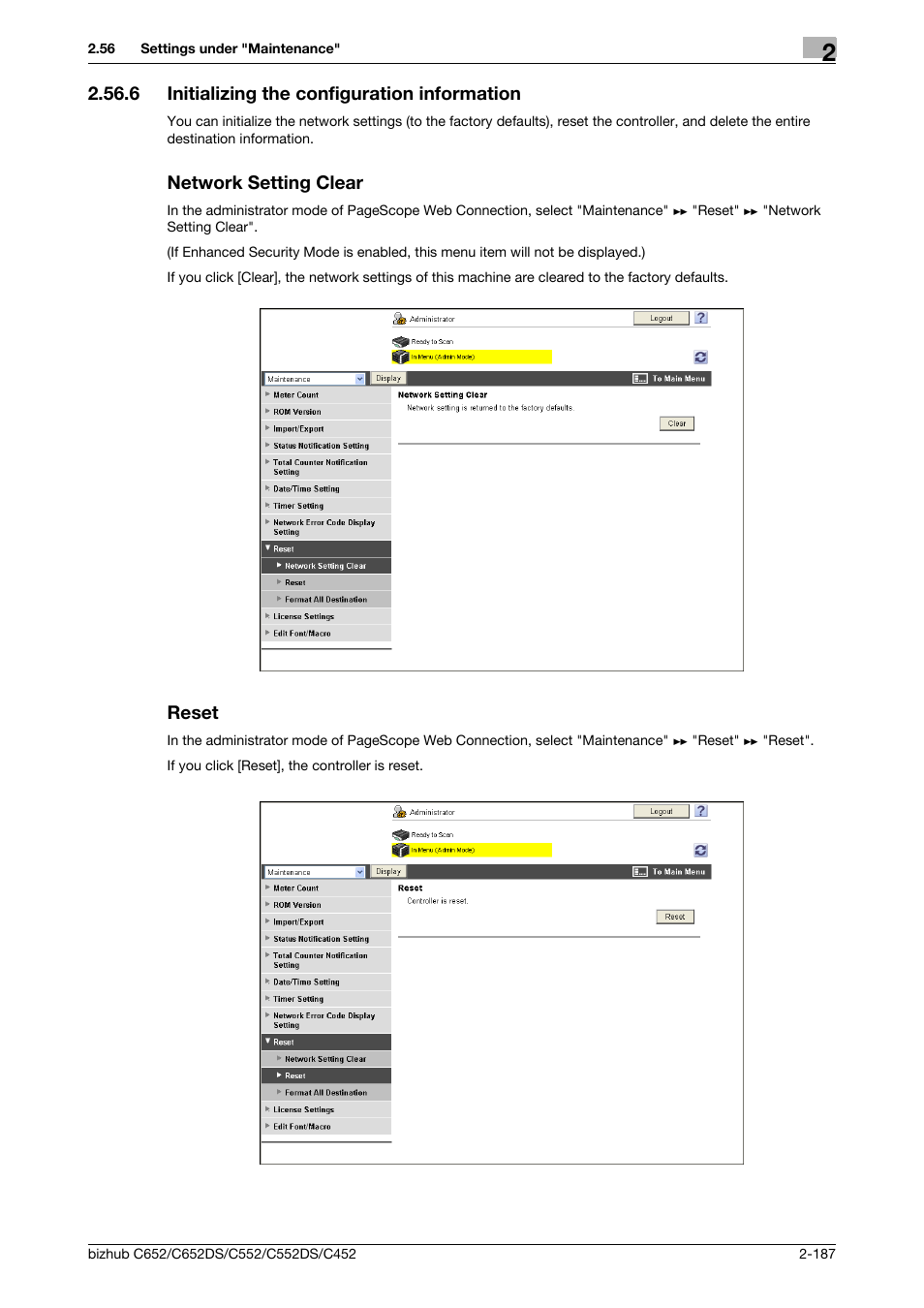 6 initializing the configuration information, Network setting clear, Reset | Initializing the configuration information, P. 2-187 | Konica Minolta BIZHUB C652DS User Manual | Page 205 / 343