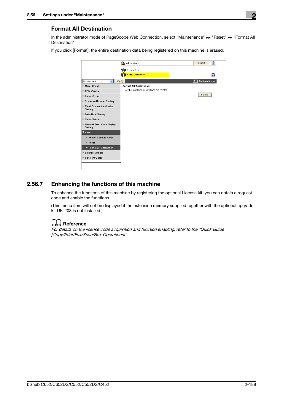 Format all destination, 7 enhancing the functions of this machine, Format all destination -188 | Enhancing the functions of this machine -188, Enhancing the functions of this machine, P. 2-188 | Konica Minolta BIZHUB C652DS User Manual | Page 206 / 343