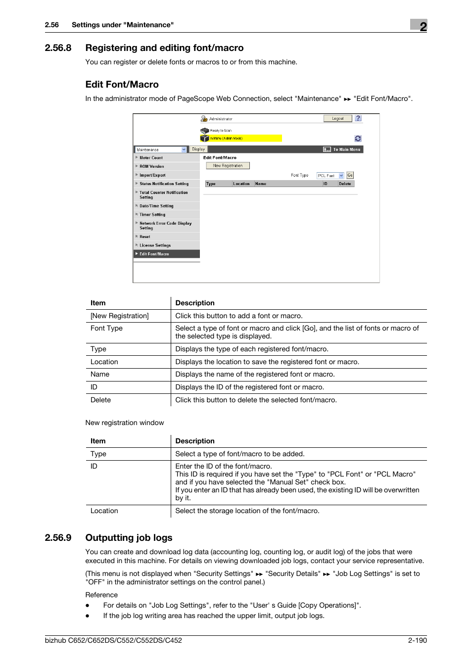 8 registering and editing font/macro, Edit font/macro, 9 outputting job logs | Outputting job logs -190, Outputting job logs, P. 2-190, Registering and editing font/macro | Konica Minolta BIZHUB C652DS User Manual | Page 208 / 343