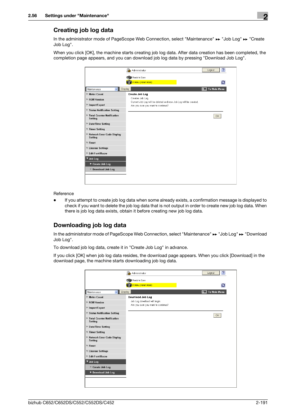 Creating job log data, Downloading job log data | Konica Minolta BIZHUB C652DS User Manual | Page 209 / 343